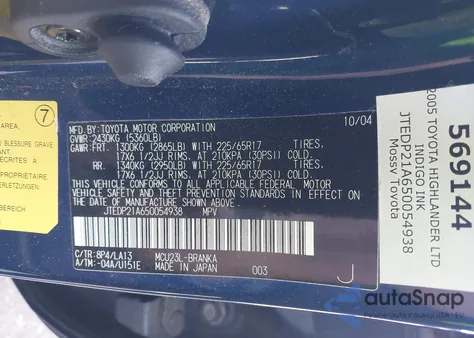 2005 Toyota Highlander Limited V6 from USA, damaged, VIN JTEDP21A650054938